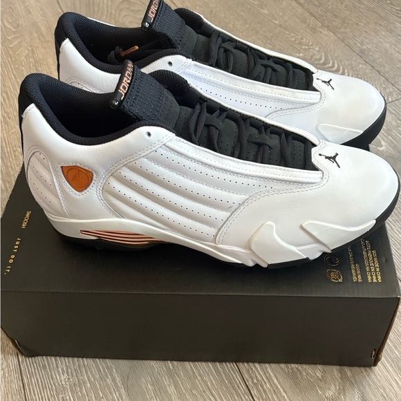 Jordan 14 Men's White and Black with Gold Accents Golf Shoes - Picture 2 of 6